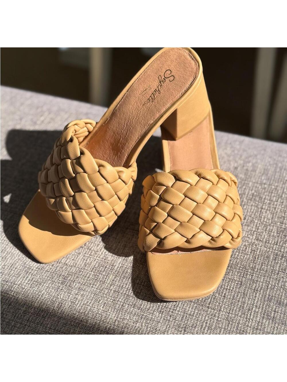 Seychelles Connoisseur Tan Woven Heeled Mules | Anthropology sz 10